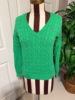 Ralph Lauren Sport Women’s Green V-Neck Cable Knit Sweater M Preppy Cottagecore